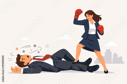 Empowered businesswoman in suit wearing boxing gloves standing over defeated male opponent, gender equality and women's rights concept, female leadership and professional victory in business.