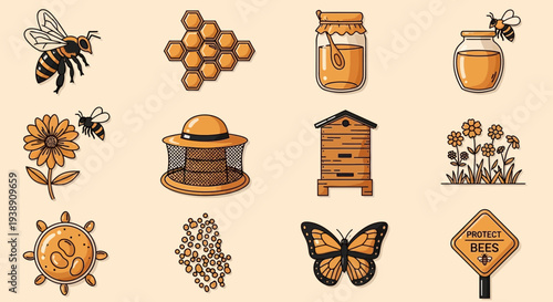 A grid of twelve stylized orangetoned icons related to beekeeping and pollination