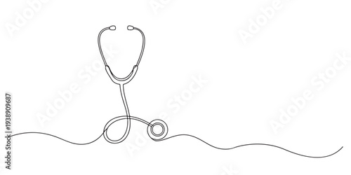 Continuous one line drawing of a stethoscope representing medical care, health examination, and diagnostic tools, perfect for healthcare communication and professional branding