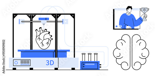 3D printer creating a human heart next to brain illustration and online presentation with a person holding a trophy. Ideal for technology, healthcare, education, innovation, 3D technology