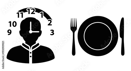 Person with clock head and plate of food icons representing time management and meal planning Vector, illustration
