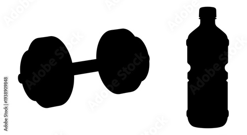 Black and white silhouettes of a dumbbell and a water bottle against a plain background Vector, illustration