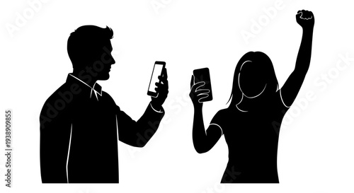 Two individuals sharing a moment of victory through their smartphones in an urban setting Vector, illustration
