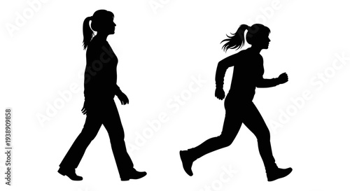 Comparison of walking and running silhouettes of a person with long hair Vector, illustration