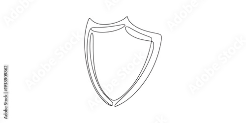 Shield badge with checkmark continuous line drawing. Protection symbol with approved mark. Guard drawing sign. Vector illustration isolated on white.