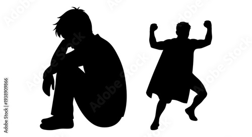 Contrast of depression and empowerment depicted through silhouettes of two children. Vector, illustration