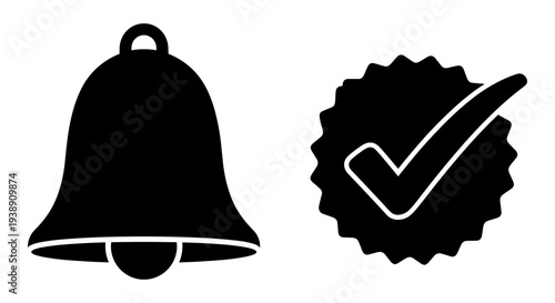 Black and white icons of a bell and a checkmark inside a badge Vector, illustration