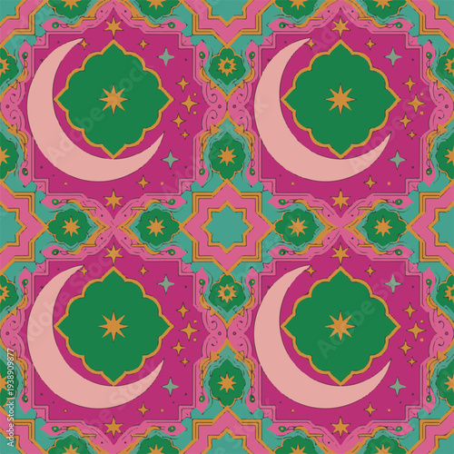 Colorful islamic geometric pattern with moons and stars background
