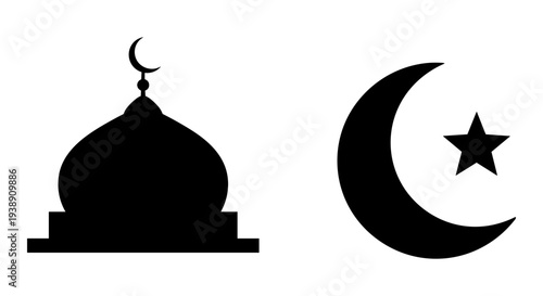 Islamic architectural symbol combined with crescent moon and star emblem Vector, illustration