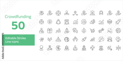 Crowdfunding line icons set with 50 editable stroke icons on white background Keywords: crowdfunding, icons, set, collection