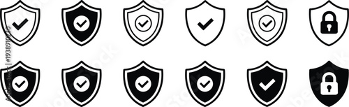 Collection of shield icons with checkmarks and lock symbols security protection