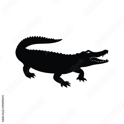 Black and white alligator silhouette vector illustration open mouth and sharp teeth, crocodile silhouette vector illustration