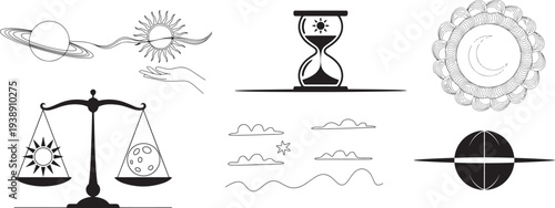 Astrology and time themed icons: planets, sun, hourglass, clouds, scales