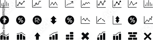 Collection of black and white line icons representing financial charts and data analysis graph analytics