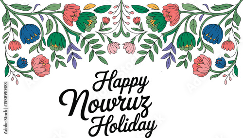 Happy nowruz holiday floral header with colorful garden flower buds