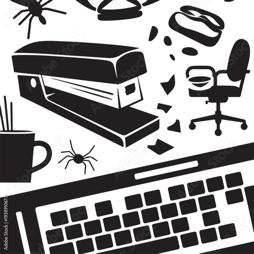 Chaotic office workplace elements silhouette with stapler and spiders