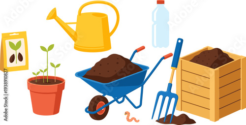 Gardening Tools and Planting Elements Vector Illustration Featuring Wheelbarrow, Watering Can, Soil, Seeds, Plant Pot and Garden Equipment Collection