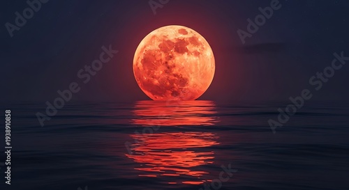 Vibrant orange full moon rising over calm ocean water at night