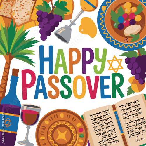 Happy passover text and traditional foods symbols and hebrew