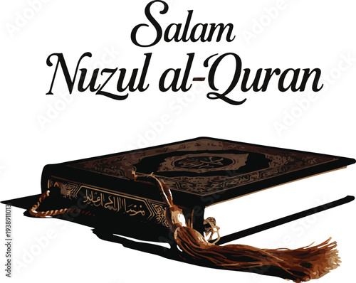 Salam nuzul al quran greeting with sacred holy book and tassel details