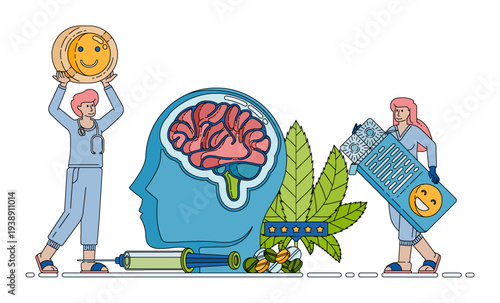 Medical illustration showing psychiatrists prescribing medications and herbal remedies for mental health treatment, highlighting brain care, neurological therapy, and balanced wellness approaches.