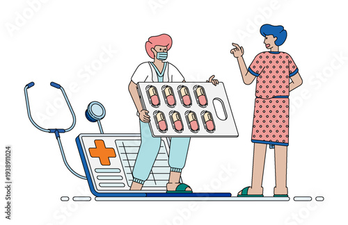 Medical technology illustration showing doctors using laptops and healthcare software to manage patient prescriptions, treatment requests, and medical data for efficient hospital workflows.