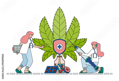 Healthcare illustration showing doctors researching herbal and traditional medicines made from plant leaves and natural ingredients to develop alternative treatments and pharmaceutical drugs.