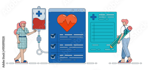 Healthcare illustration showing doctors reviewing patient medical records and reports to approve treatment plans and hospital agreements for continued patient care and clinical management.