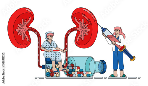 Medical illustration showing patients receiving kidney treatment with pharmaceutical drugs and pills under doctor supervision to manage renal disease and support organ health recovery.