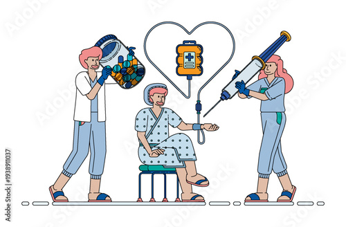 Healthcare illustration showing doctors providing compassionate patient care with injections, IV drips, and medication while delivering professional treatment and attentive medical support.