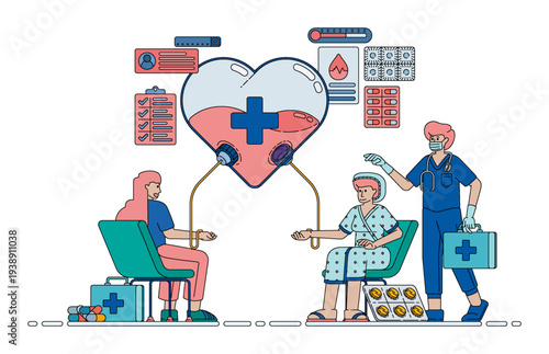 Healthcare illustration showing doctors performing blood transfusions for patients and donors with attentive care to improve health outcomes and support life saving medical treatments.