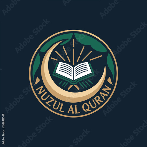 Nuzul al quran emblem with crescent moon and open holy book on circle
