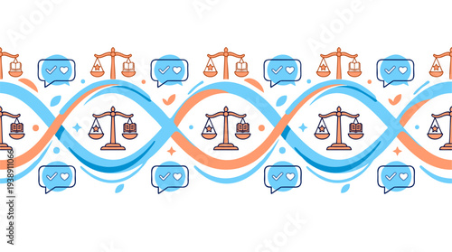 Legal DNA strand with scales of justice and speech bubbles.