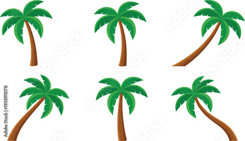 Six palm trees with curved trunks and green leaves arranged in a grid pattern