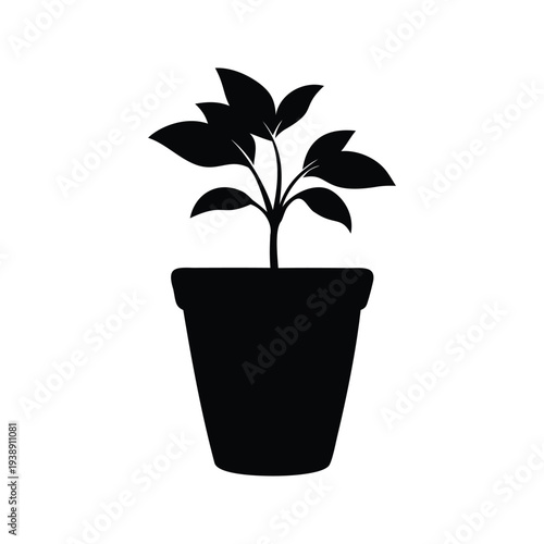 Black and white potted plant leaves silhouette vector illustration, flower pot silhouette vector illustration