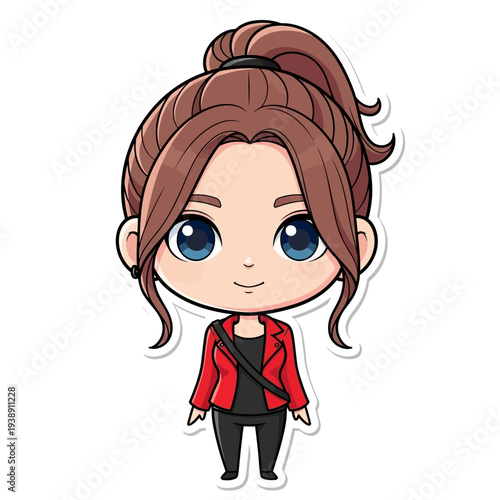 Young woman cartoon character with red jacket and brown hair