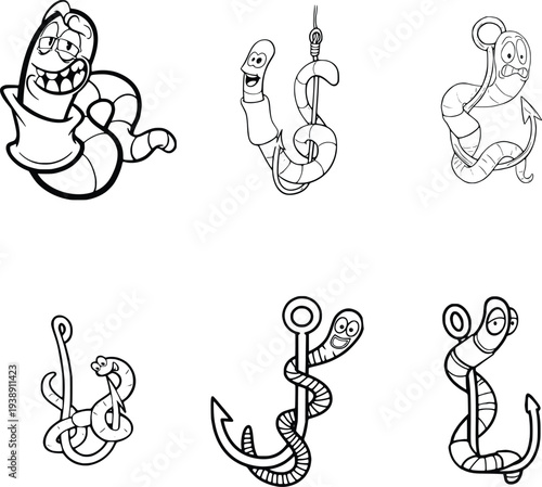 a cartoon illustration of a smiling worm on a fishing hook. 