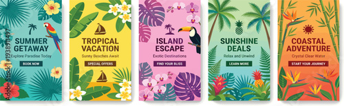 Vibrant travel banners showcasing tropical getaway, island escape, and sunshine deals in a colorful floral display from an overhead viewpoint.