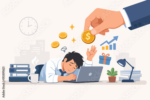 Exhausted Employee Receiving Bonus from Boss, Giant Hand Dropping Gold Coin to Motivate Tired Worker at Office Desk, Salary Raise, Financial Incentive, Reward, Overworked and Burnout Vector
