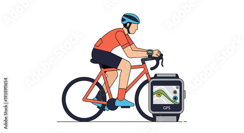 Cyclist on a bicycle with a smartwatch displaying GPS data focused on sports and technology.