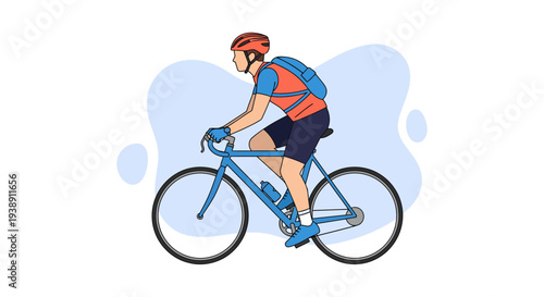 Cyclist riding a bicycle wearing helmet and backpack enjoying outdoor activity.