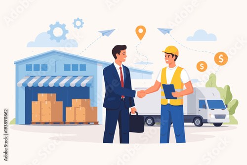 B2B business to business sale agreement and enterprise commerce between contractor or supplier and businessman shaking hands at warehouse with delivery truck and logistics icons illustration.