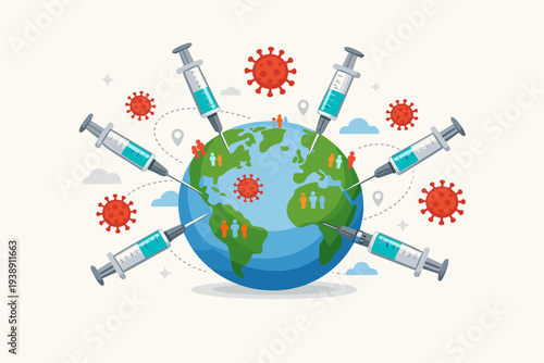 Global COVID-19 Vaccine Distribution Illustration Showing Syringes Injecting Earth to Build Herd Immunity Against Coronavirus Pandemic Worldwide with Virus Icons and People Symbols on Globe Map