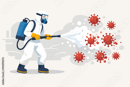 Worker in Hazmat Suit Spraying Disinfectant to Kill Coronavirus Pathogens and Prevent Outbreak Spreading, Professional Sanitation Service Cleaning Public Areas During COVID-19 Pandemic Vector