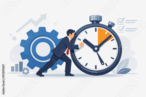 Businessman Pushing Large Stopwatch and Gear for Time Management, Productivity, and Efficiency Optimization. Concept of Business Performance, Meeting Deadlines, and Workflow Growth Illustration.