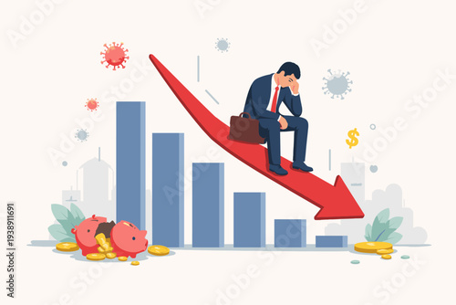 Economic recession and financial crisis concept due to COVID-19 coronavirus pandemic with businessman sitting on falling red arrow, broken piggy bank, and declining stock market bar chart.
