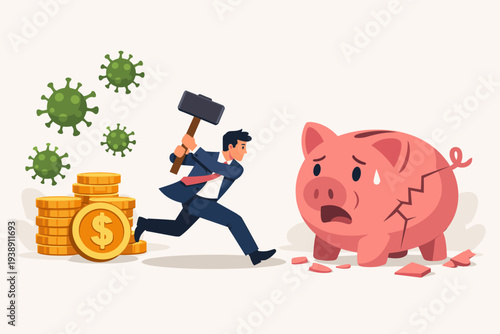 Economic Crisis and Financial Debt Concept with Businessman Breaking Piggy Bank with Sledgehammer During Coronavirus Pandemic, Losing Savings and Money Due to COVID-19 Impact and Recession.