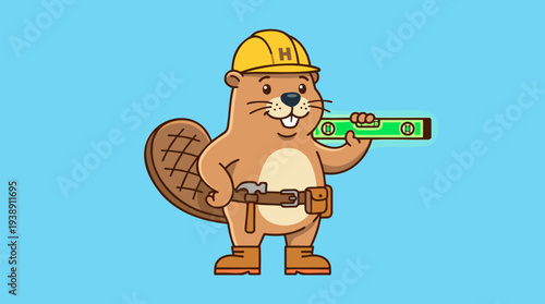 Cartoon Beaver Builder Wearing Hard Hat and Tool Belt Holding Level.