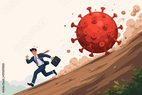 Businessman in Suit Running Away from Giant Red Coronavirus Cell Rolling Down a Hill, Symbolizing Global Pandemic Crisis, Economic Risk, Health Danger, and Business Impact of Virus Outbreak.