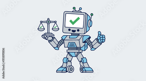 Cute Robot Holding Scales of Justice with Thumbs Up.